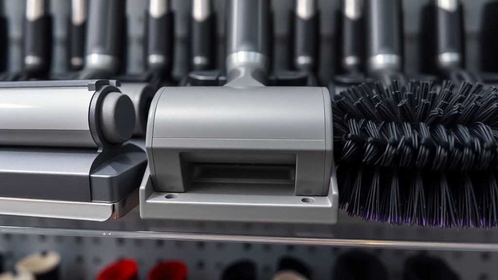 마루용 소프트 롤러와 카펫용 뻣뻣한 브러시 등 다양한 종류의 청소기 헤드가 나란히 진열된 모습